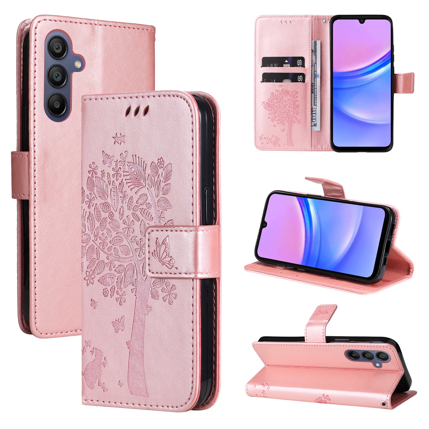 KT Imprinting Flower Series-3 For Samsung Galaxy A16 5G / A16 4G Case Cat Tree Pattern Flip Leather Phone Cover - Rose Gold