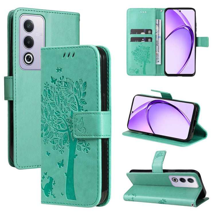 KT Imprinting Flower Series-3 For Oppo A3 Pro (Global) 5G Case Cat Tree Pattern Flip Leather Phone Cover - Green
