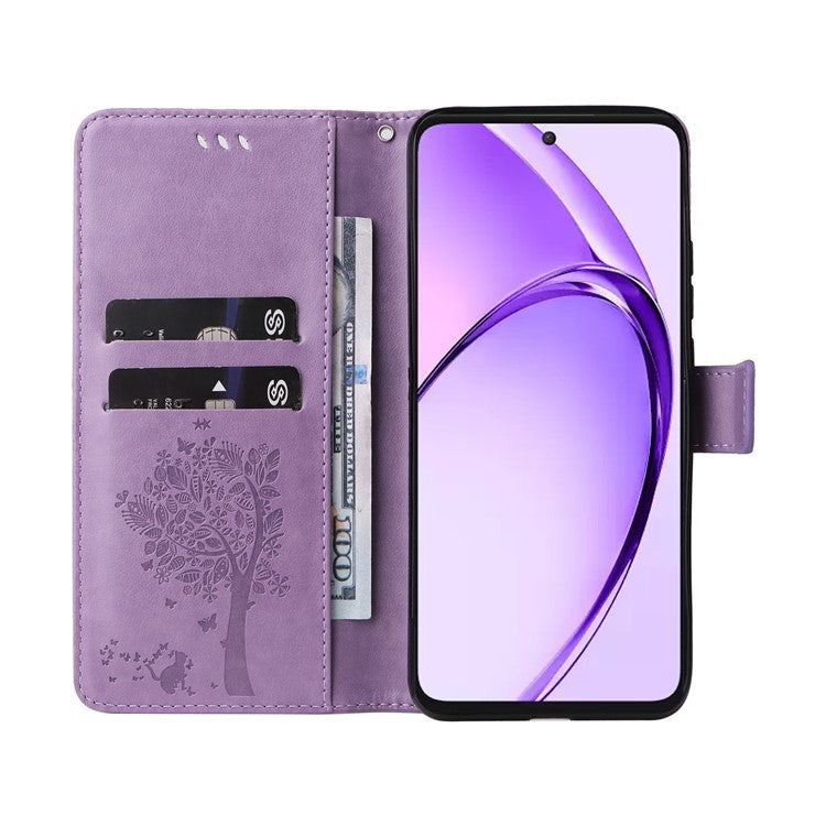 KT Imprinting Flower Series-3 For Oppo A3 Pro (Global) 5G Case Cat Tree Pattern Flip Leather Phone Cover - Light Purple