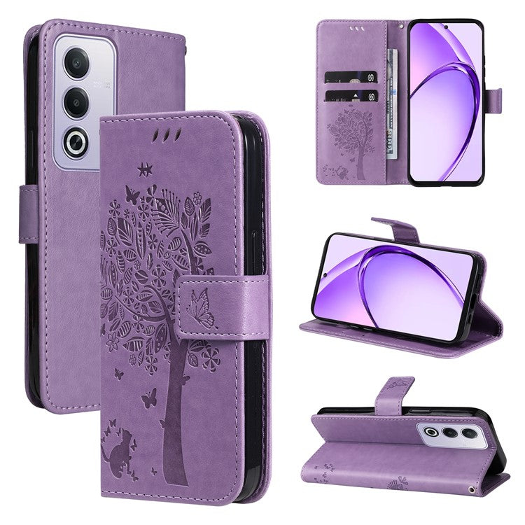 KT Imprinting Flower Series-3 For Oppo A3 Pro (Global) 5G Case Cat Tree Pattern Flip Leather Phone Cover - Light Purple
