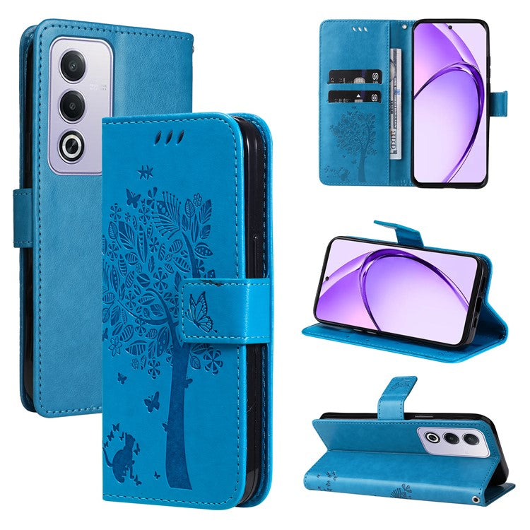 KT Imprinting Flower Series-3 For Oppo A3 Pro (Global) 5G Case Cat Tree Pattern Flip Leather Phone Cover - Blue