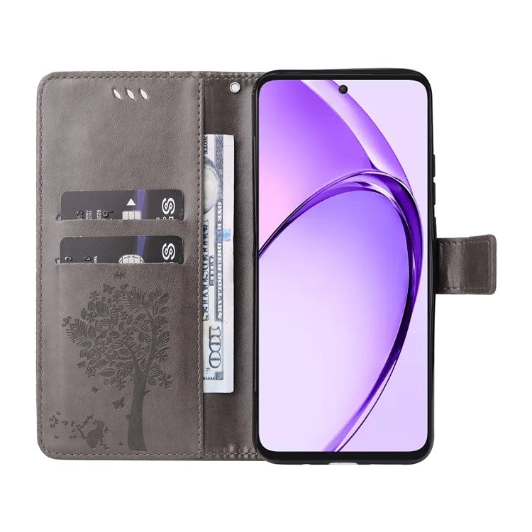 KT Imprinting Flower Series-3 For Oppo A3 Pro (Global) 5G Case Cat Tree Pattern Flip Leather Phone Cover - Grey