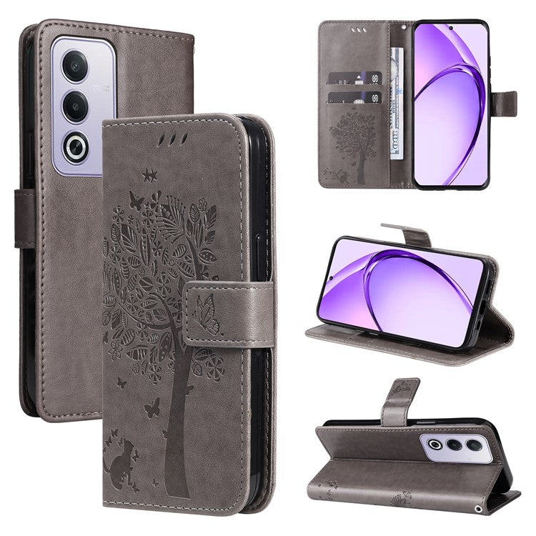 KT Imprinting Flower Series-3 For Oppo A3 Pro (Global) 5G Case Cat Tree Pattern Flip Leather Phone Cover - Grey