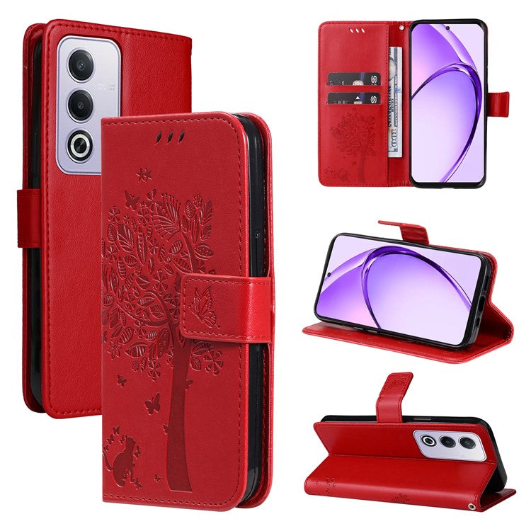 KT Imprinting Flower Series-3 For Oppo A3 Pro (Global) 5G Case Cat Tree Pattern Flip Leather Phone Cover - Red