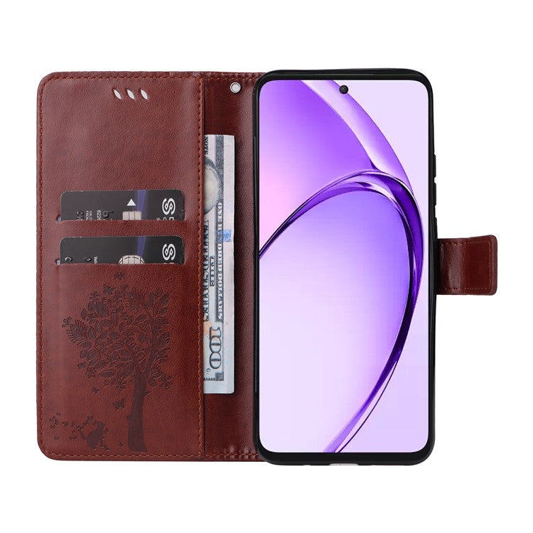 KT Imprinting Flower Series-3 For Oppo A3 Pro (Global) 5G Case Cat Tree Pattern Flip Leather Phone Cover - Coffee