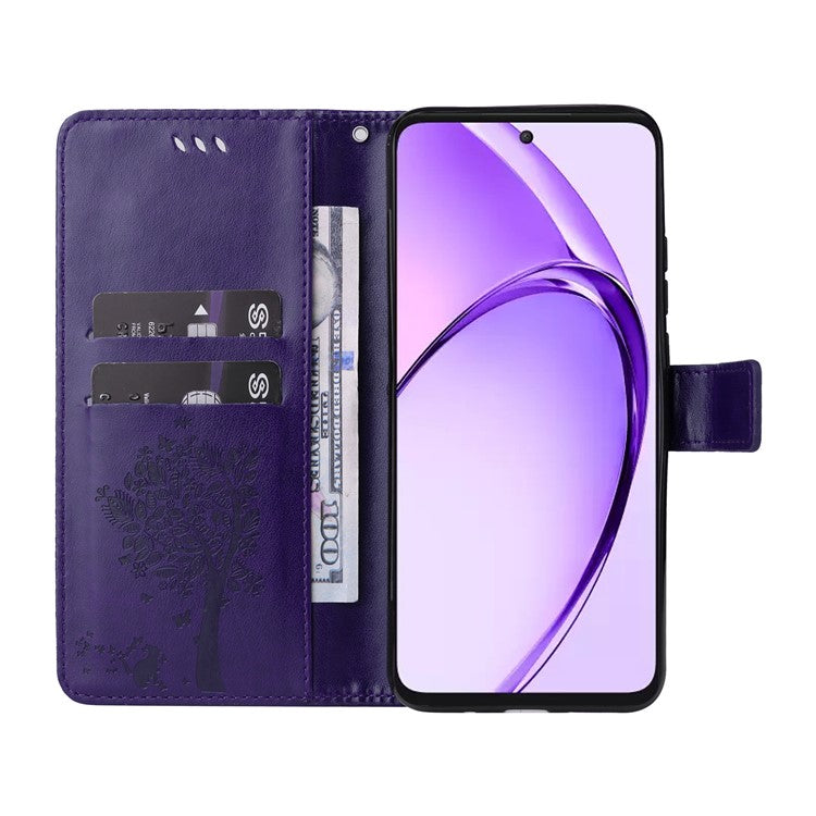 KT Imprinting Flower Series-3 For Oppo A3 Pro (Global) 5G Case Cat Tree Pattern Flip Leather Phone Cover - Purple