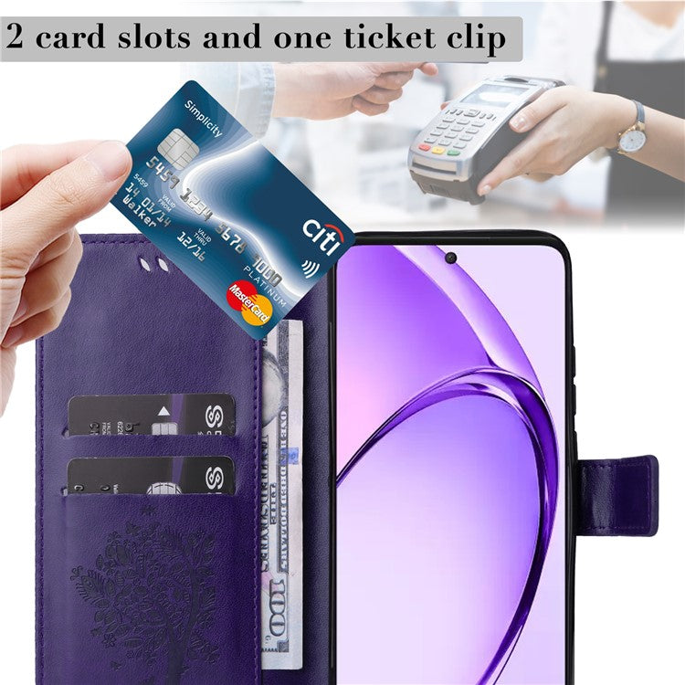 KT Imprinting Flower Series-3 For Oppo A3 Pro (Global) 5G Case Cat Tree Pattern Flip Leather Phone Cover - Purple