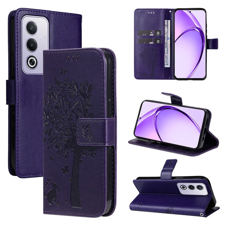 KT Imprinting Flower Series-3 For Oppo A3 Pro (Global) 5G Case Cat Tree Pattern Flip Leather Phone Cover - Purple