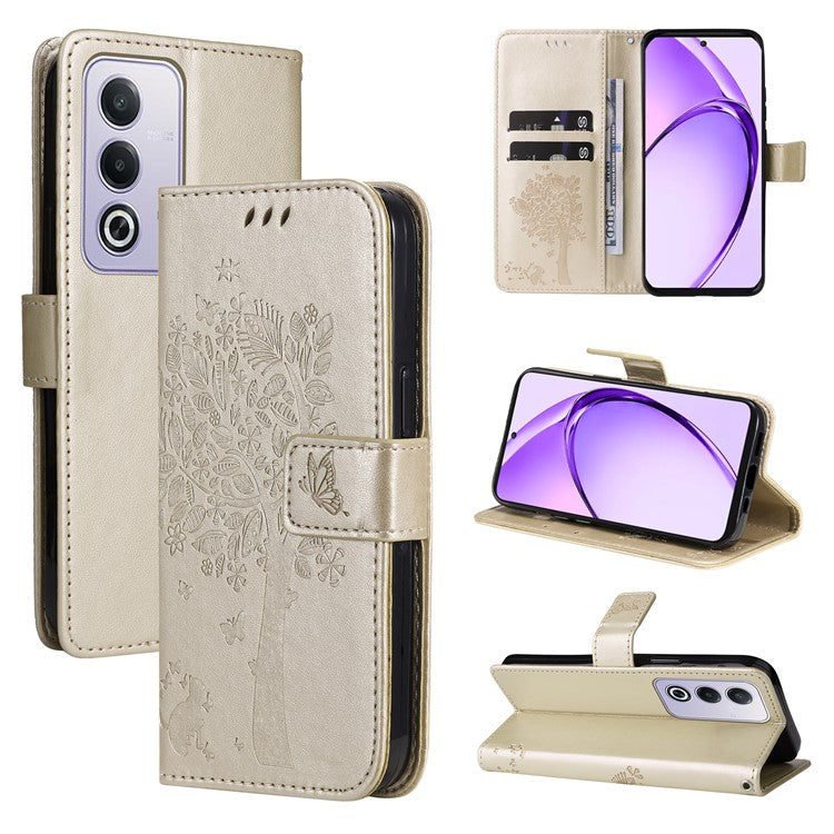 KT Imprinting Flower Series-3 For Oppo A3 Pro (Global) 5G Case Cat Tree Pattern Flip Leather Phone Cover - Gold