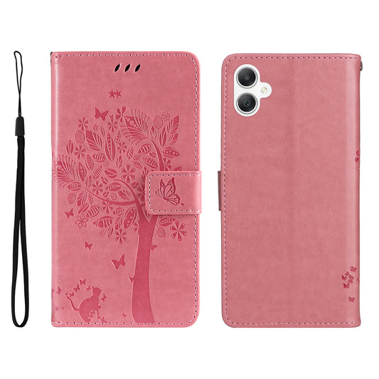 KT Imprinting Flower Series-3 For Samsung Galaxy A06 Case Cat Tree Pattern Flip Leather Phone Cover - Pink