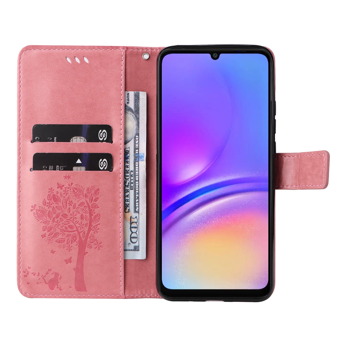 KT Imprinting Flower Series-3 For Samsung Galaxy A06 Case Cat Tree Pattern Flip Leather Phone Cover - Pink