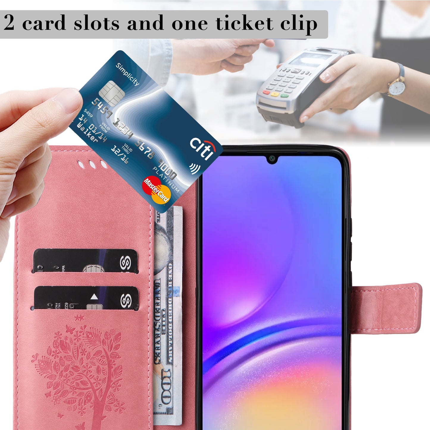 KT Imprinting Flower Series-3 For Samsung Galaxy A06 Case Cat Tree Pattern Flip Leather Phone Cover - Pink