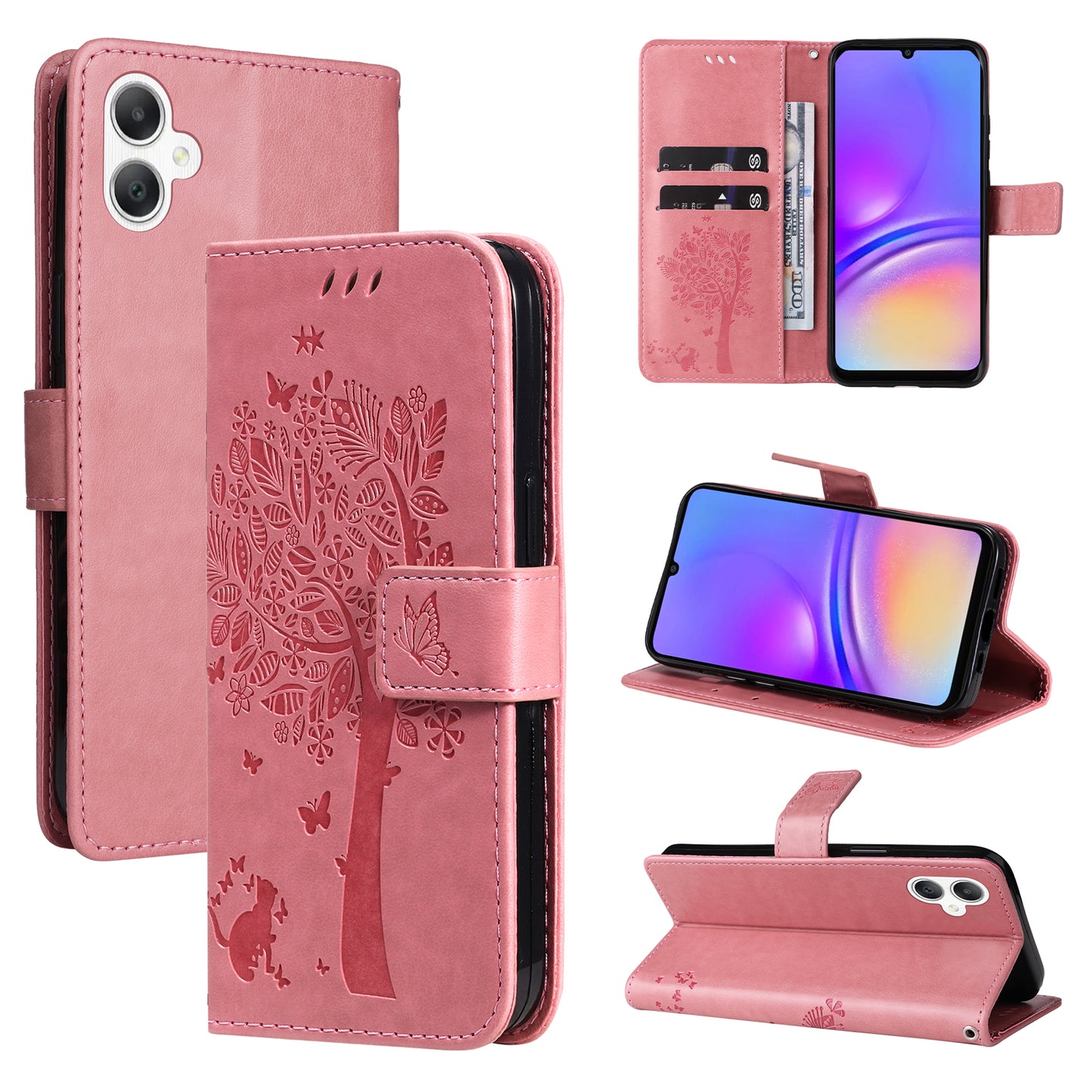KT Imprinting Flower Series-3 For Samsung Galaxy A06 Case Cat Tree Pattern Flip Leather Phone Cover - Pink
