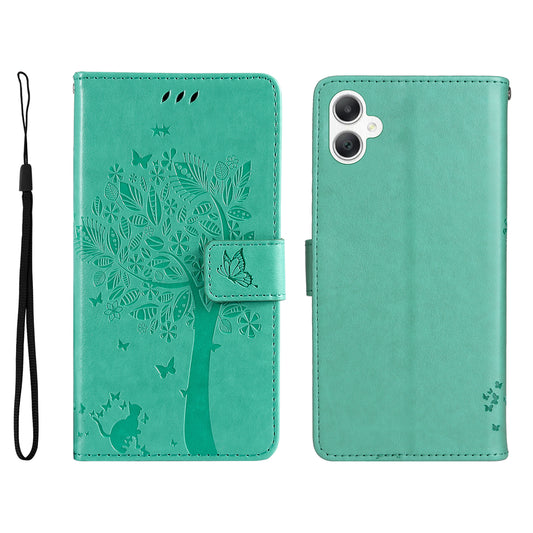 KT Imprinting Flower Series-3 For Samsung Galaxy A06 Case Cat Tree Pattern Flip Leather Phone Cover - Green