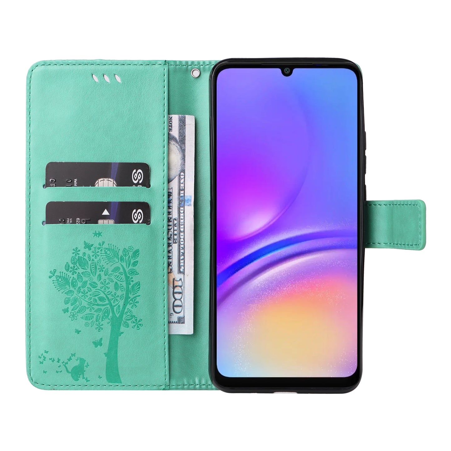 KT Imprinting Flower Series-3 For Samsung Galaxy A06 Case Cat Tree Pattern Flip Leather Phone Cover - Green