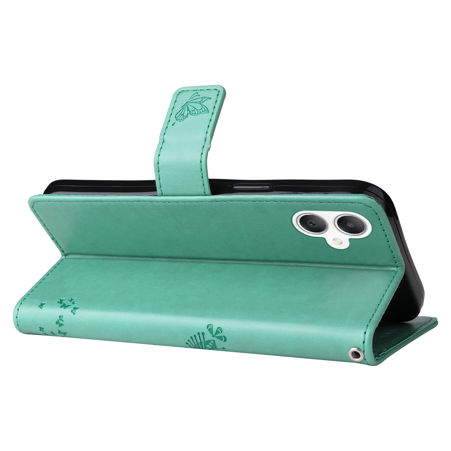 KT Imprinting Flower Series-3 For Samsung Galaxy A06 Case Cat Tree Pattern Flip Leather Phone Cover - Green