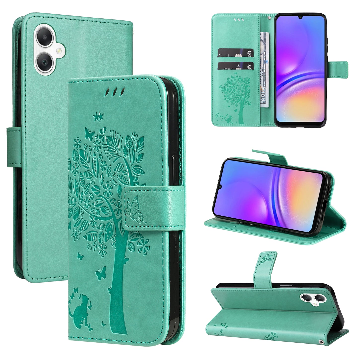 KT Imprinting Flower Series-3 For Samsung Galaxy A06 Case Cat Tree Pattern Flip Leather Phone Cover - Green