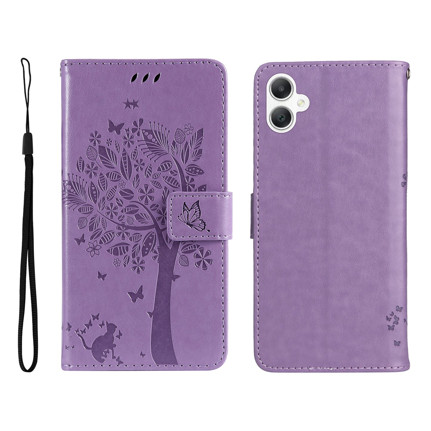 KT Imprinting Flower Series-3 For Samsung Galaxy A06 Case Cat Tree Pattern Flip Leather Phone Cover - Light Purple
