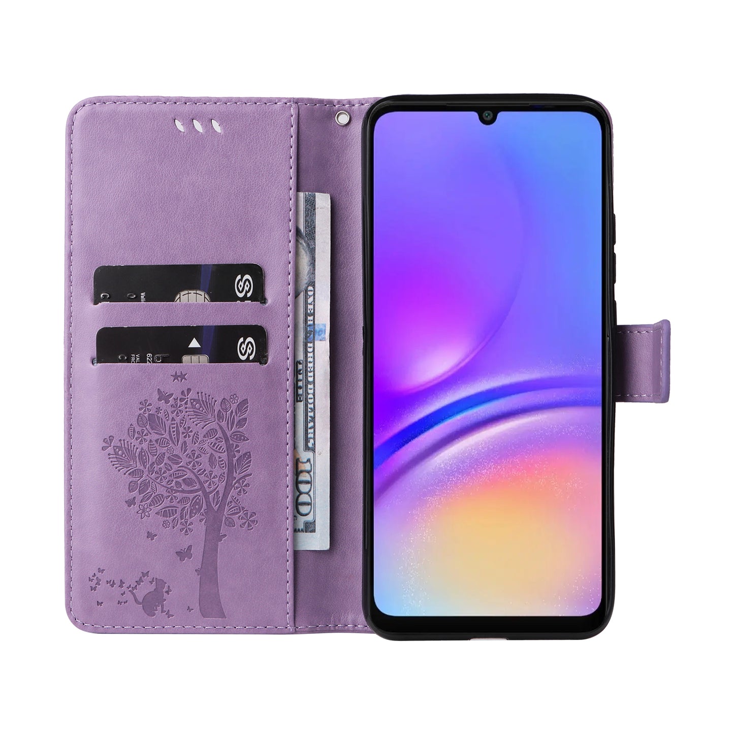 KT Imprinting Flower Series-3 For Samsung Galaxy A06 Case Cat Tree Pattern Flip Leather Phone Cover - Light Purple