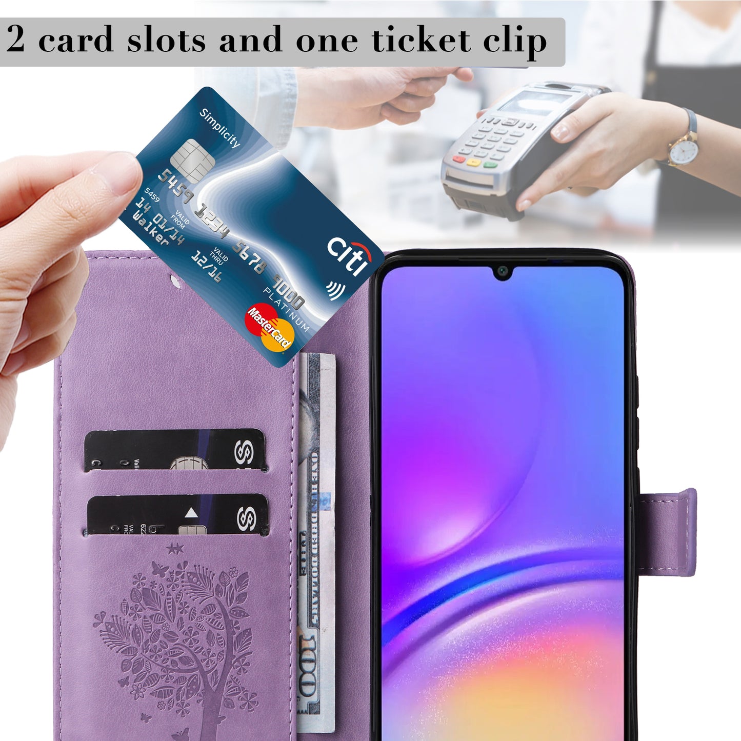 KT Imprinting Flower Series-3 For Samsung Galaxy A06 Case Cat Tree Pattern Flip Leather Phone Cover - Light Purple