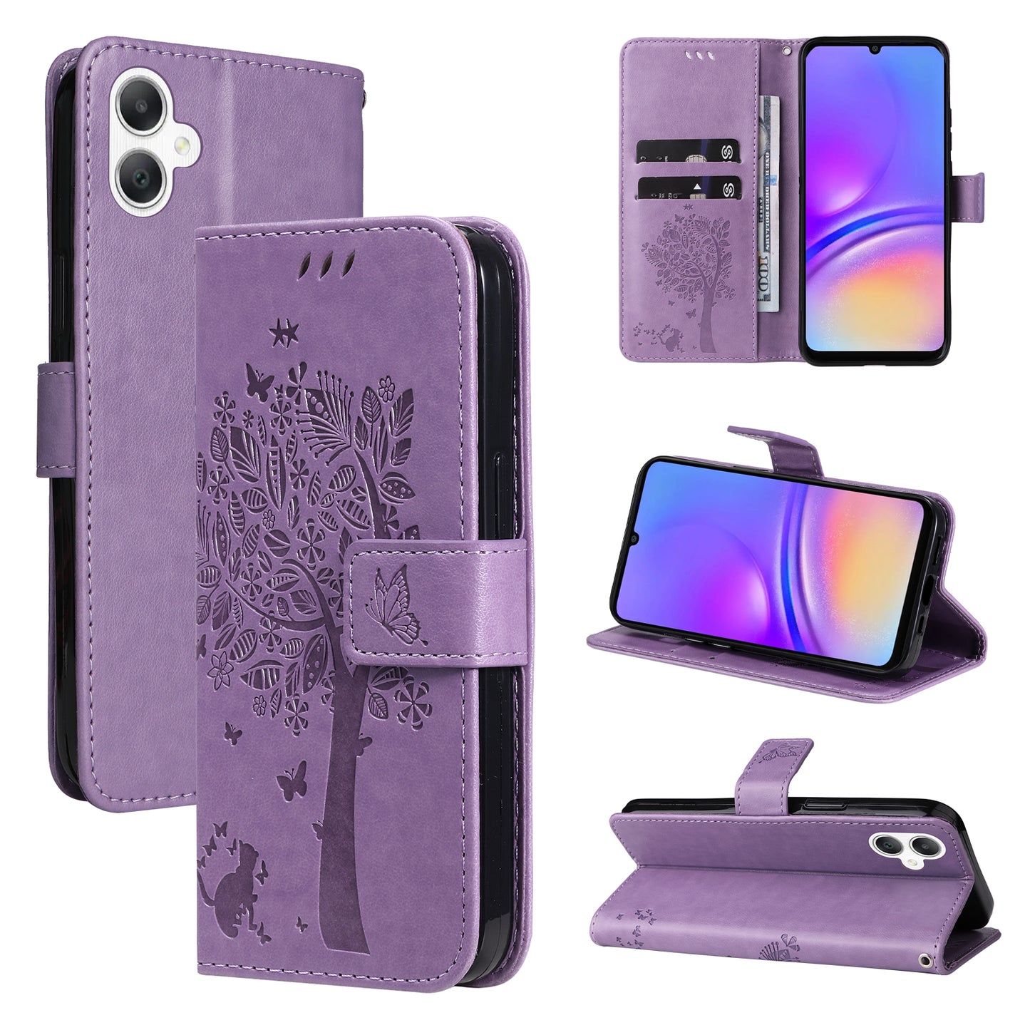 KT Imprinting Flower Series-3 For Samsung Galaxy A06 Case Cat Tree Pattern Flip Leather Phone Cover - Light Purple