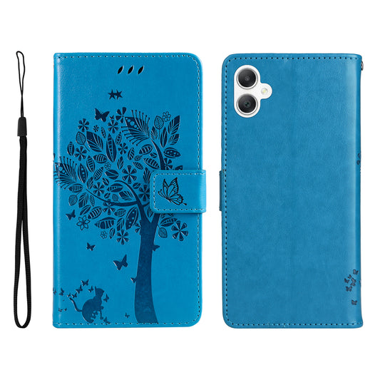 KT Imprinting Flower Series-3 For Samsung Galaxy A06 Case Cat Tree Pattern Flip Leather Phone Cover - Blue