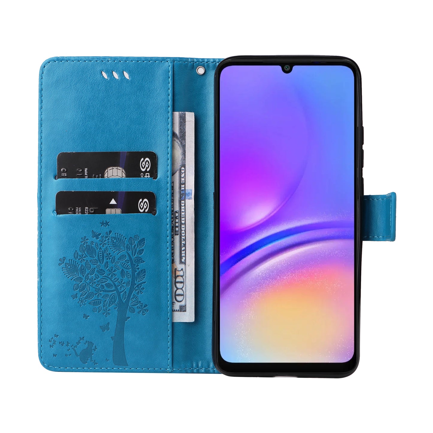 KT Imprinting Flower Series-3 For Samsung Galaxy A06 Case Cat Tree Pattern Flip Leather Phone Cover - Blue