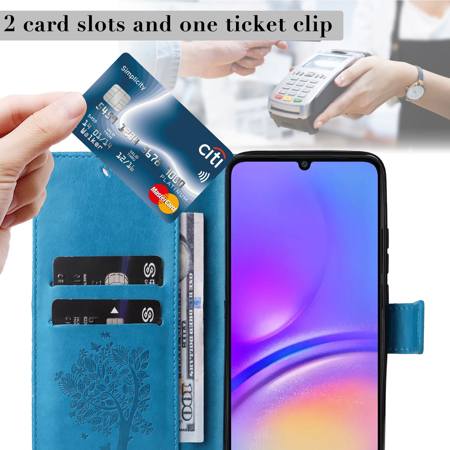 KT Imprinting Flower Series-3 For Samsung Galaxy A06 Case Cat Tree Pattern Flip Leather Phone Cover - Blue