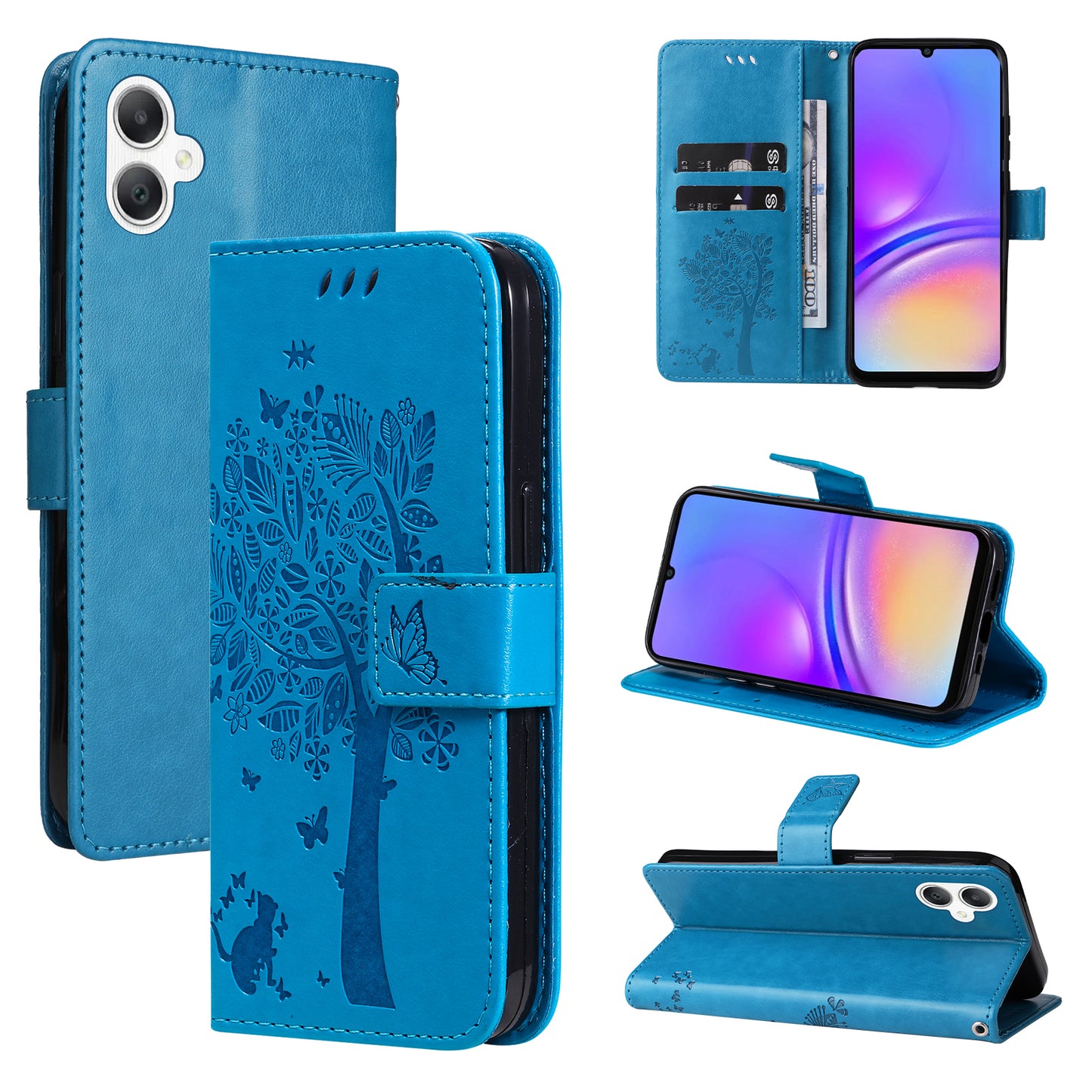 KT Imprinting Flower Series-3 For Samsung Galaxy A06 Case Cat Tree Pattern Flip Leather Phone Cover - Blue