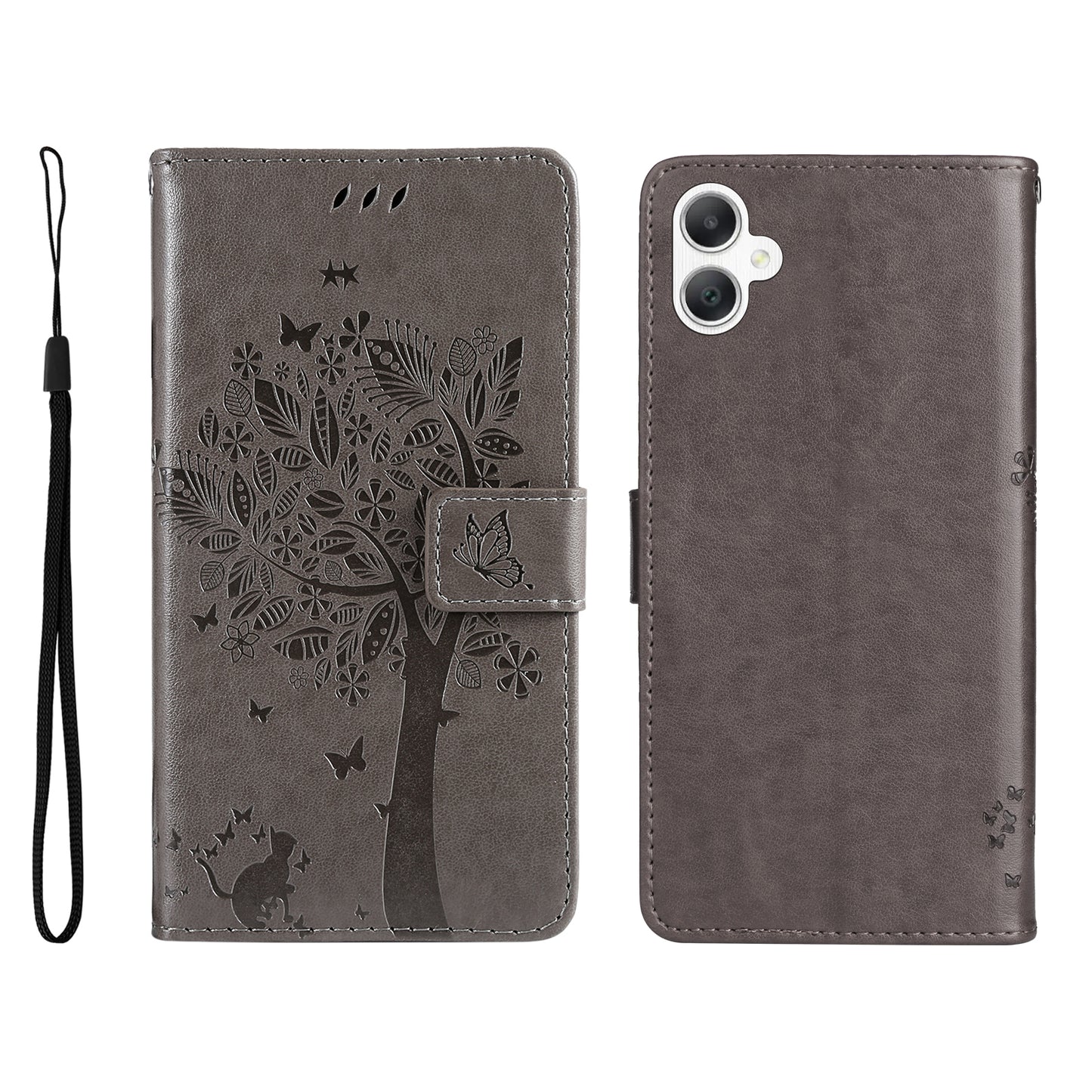 KT Imprinting Flower Series-3 For Samsung Galaxy A06 Case Cat Tree Pattern Flip Leather Phone Cover - Grey