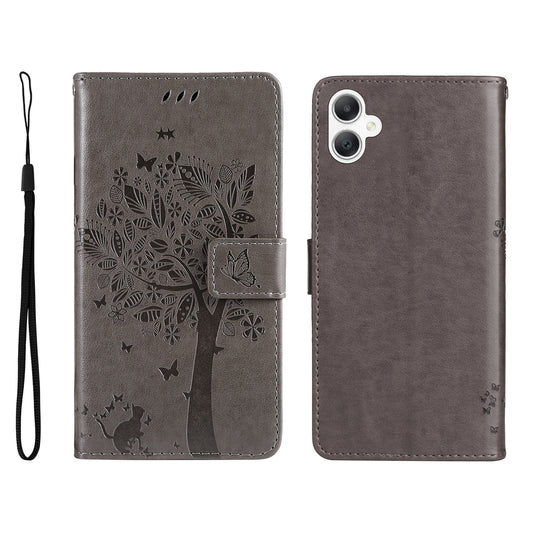 KT Imprinting Flower Series-3 For Samsung Galaxy A06 Case Cat Tree Pattern Flip Leather Phone Cover - Grey