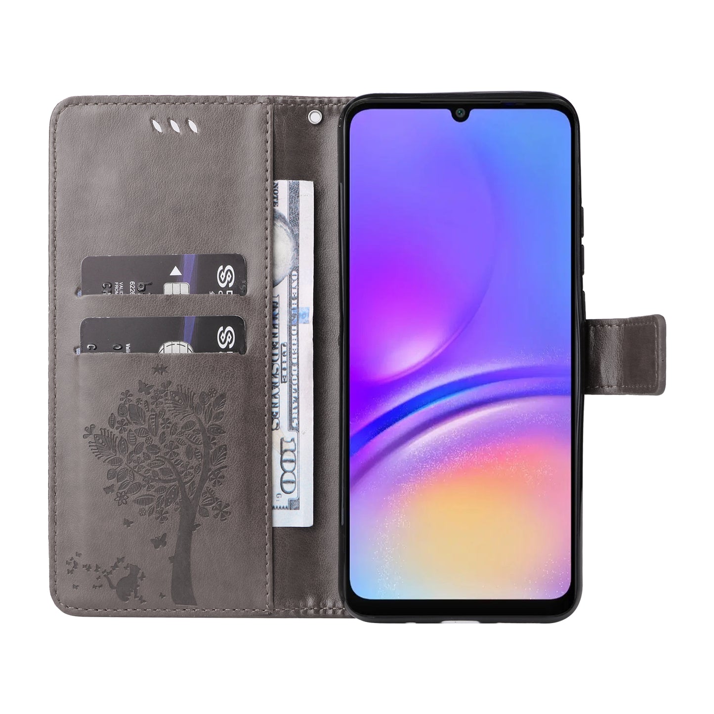 KT Imprinting Flower Series-3 For Samsung Galaxy A06 Case Cat Tree Pattern Flip Leather Phone Cover - Grey