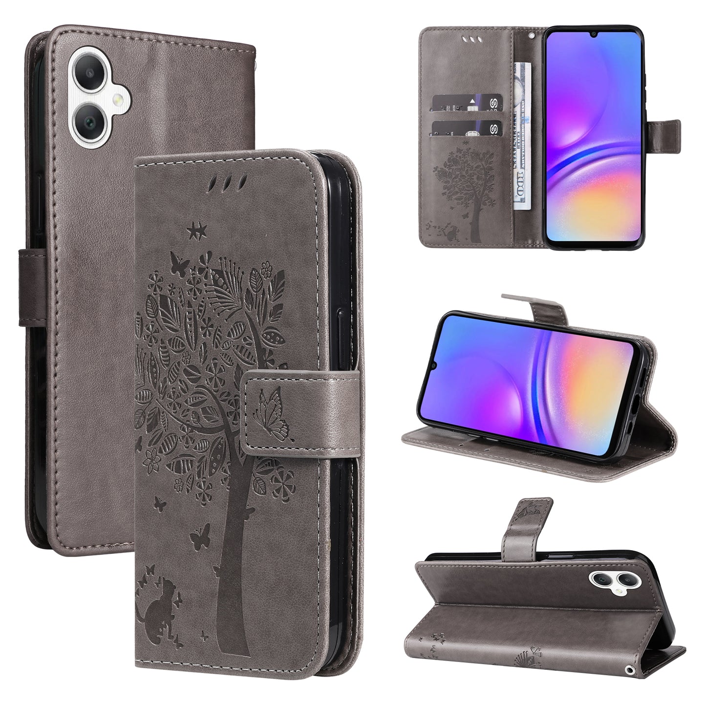 KT Imprinting Flower Series-3 For Samsung Galaxy A06 Case Cat Tree Pattern Flip Leather Phone Cover - Grey