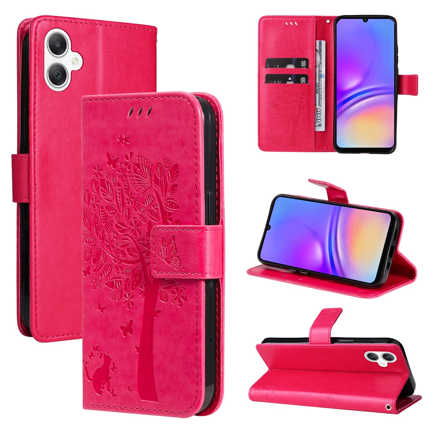 KT Imprinting Flower Series-3 For Samsung Galaxy A06 Case Cat Tree Pattern Flip Leather Phone Cover - Rose