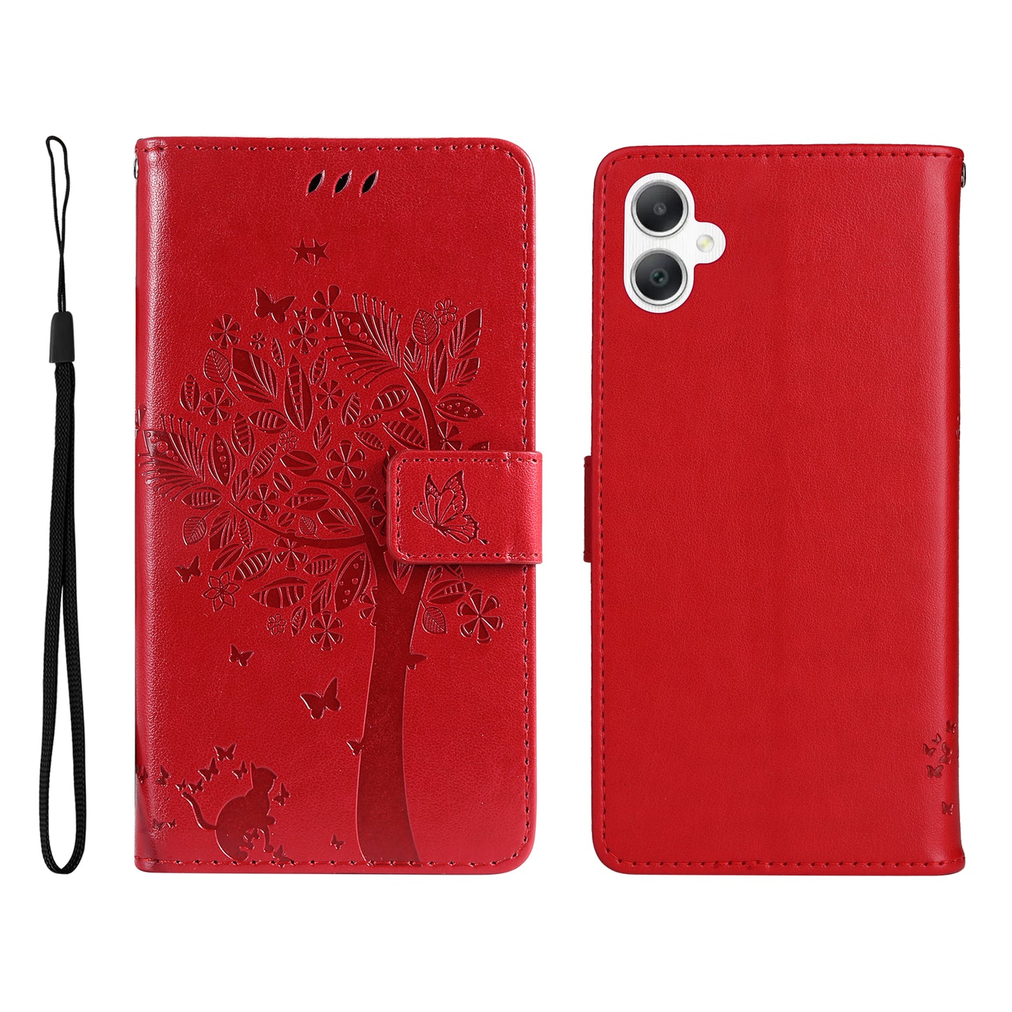 KT Imprinting Flower Series-3 For Samsung Galaxy A06 Case Cat Tree Pattern Flip Leather Phone Cover - Red