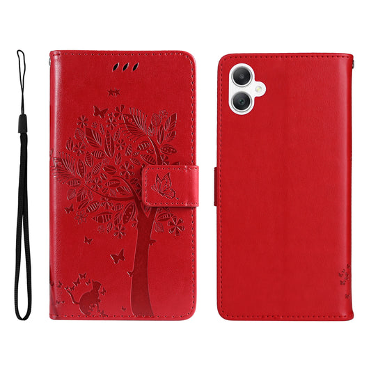 KT Imprinting Flower Series-3 For Samsung Galaxy A06 Case Cat Tree Pattern Flip Leather Phone Cover - Red