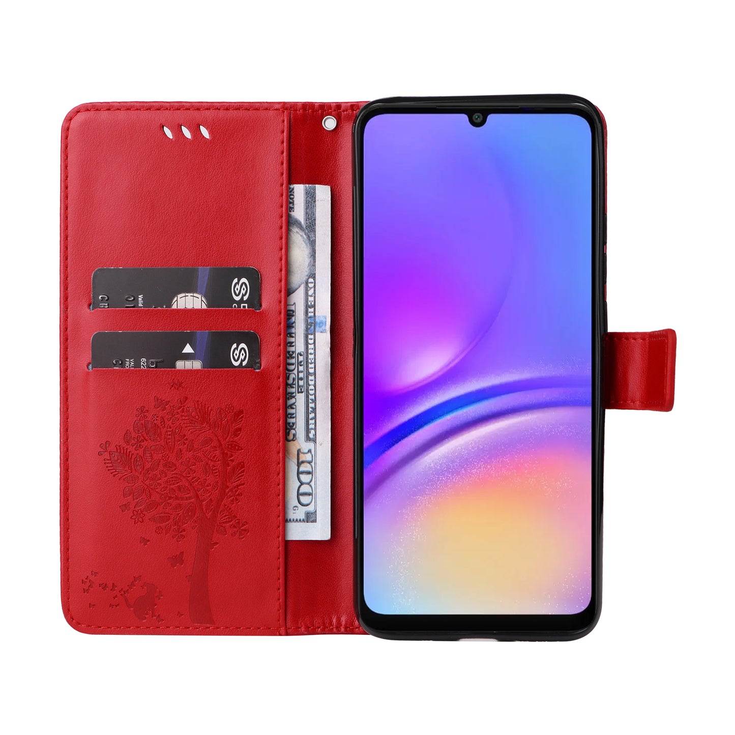KT Imprinting Flower Series-3 For Samsung Galaxy A06 Case Cat Tree Pattern Flip Leather Phone Cover - Red