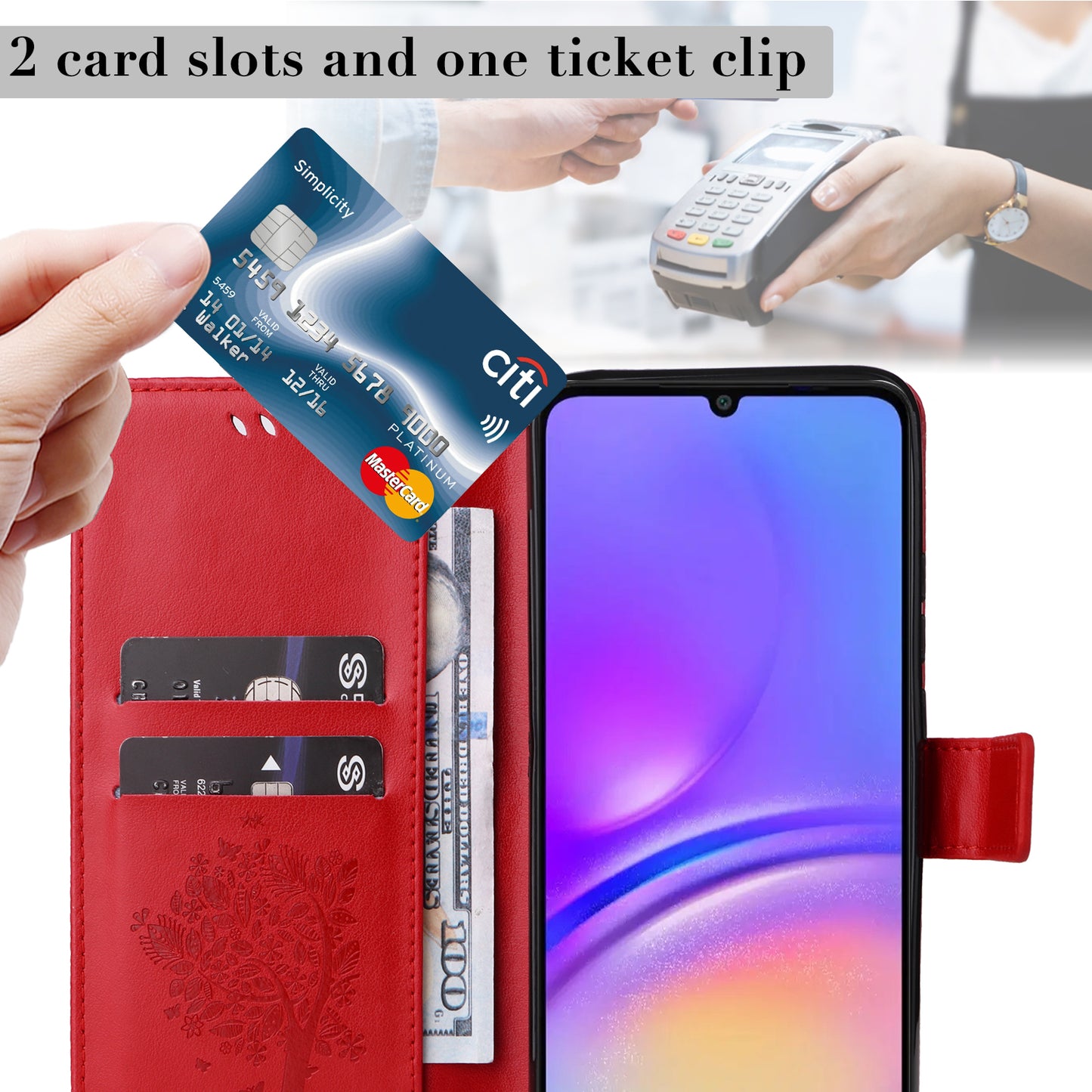 KT Imprinting Flower Series-3 For Samsung Galaxy A06 Case Cat Tree Pattern Flip Leather Phone Cover - Red