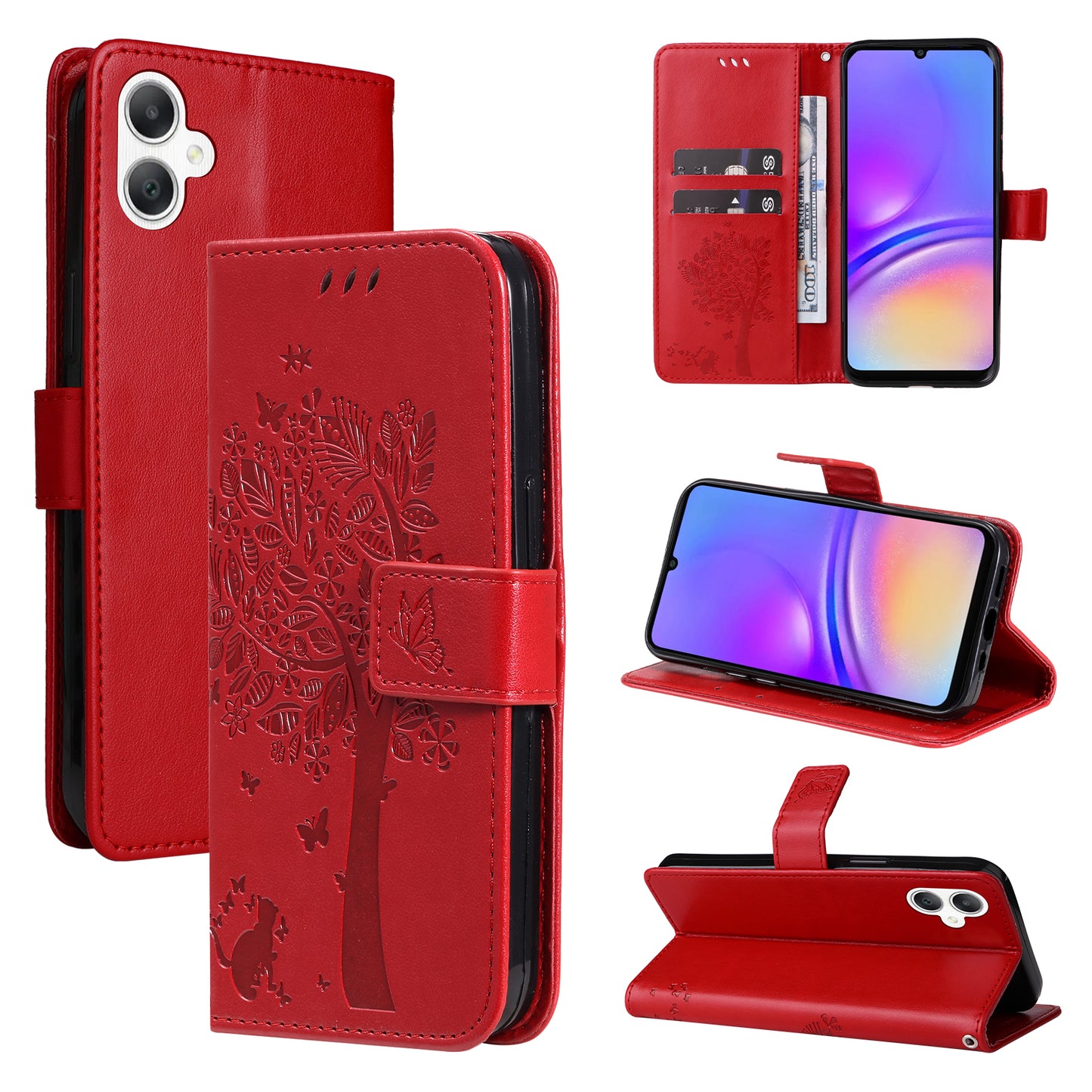 KT Imprinting Flower Series-3 For Samsung Galaxy A06 Case Cat Tree Pattern Flip Leather Phone Cover - Red