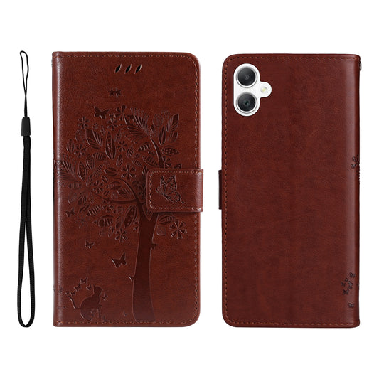 KT Imprinting Flower Series-3 For Samsung Galaxy A06 Case Cat Tree Pattern Flip Leather Phone Cover - Coffee
