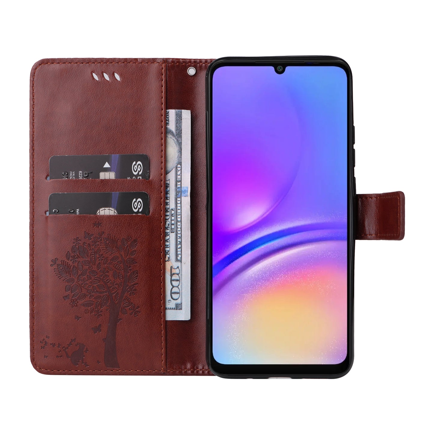 KT Imprinting Flower Series-3 For Samsung Galaxy A06 Case Cat Tree Pattern Flip Leather Phone Cover - Coffee