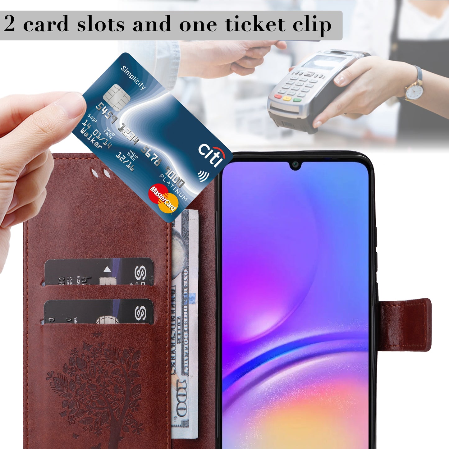 KT Imprinting Flower Series-3 For Samsung Galaxy A06 Case Cat Tree Pattern Flip Leather Phone Cover - Coffee