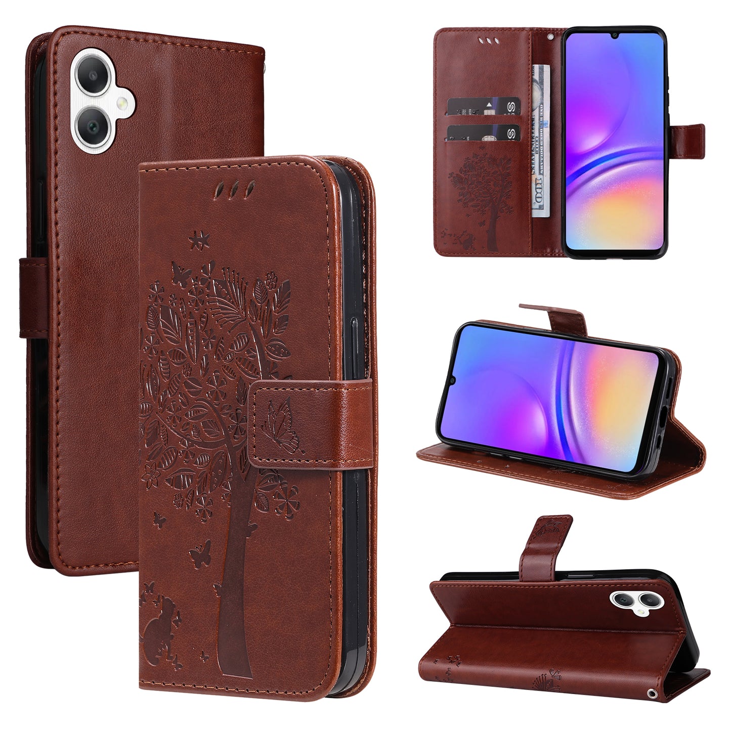 KT Imprinting Flower Series-3 For Samsung Galaxy A06 Case Cat Tree Pattern Flip Leather Phone Cover - Coffee