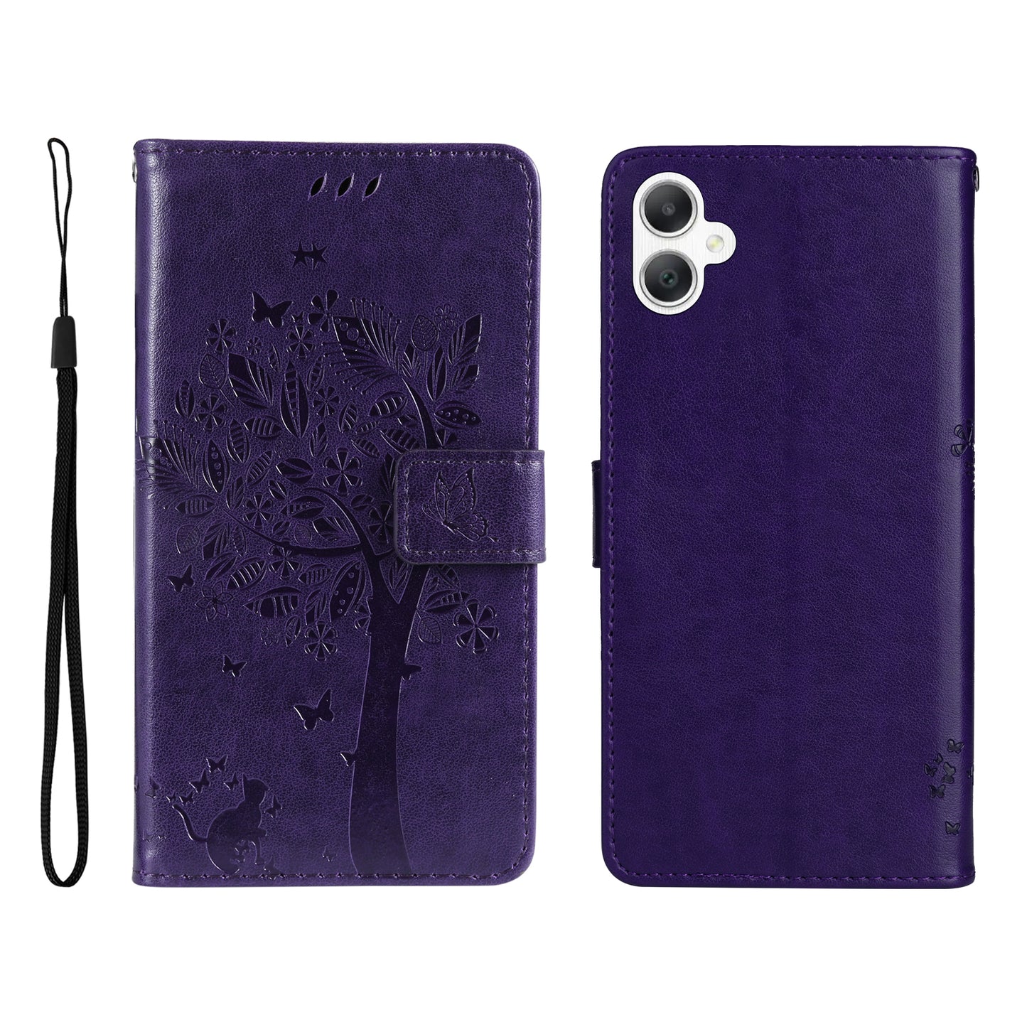 KT Imprinting Flower Series-3 For Samsung Galaxy A06 Case Cat Tree Pattern Flip Leather Phone Cover - Purple