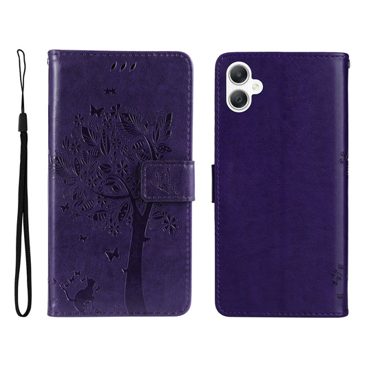 KT Imprinting Flower Series-3 For Samsung Galaxy A06 Case Cat Tree Pattern Flip Leather Phone Cover - Purple