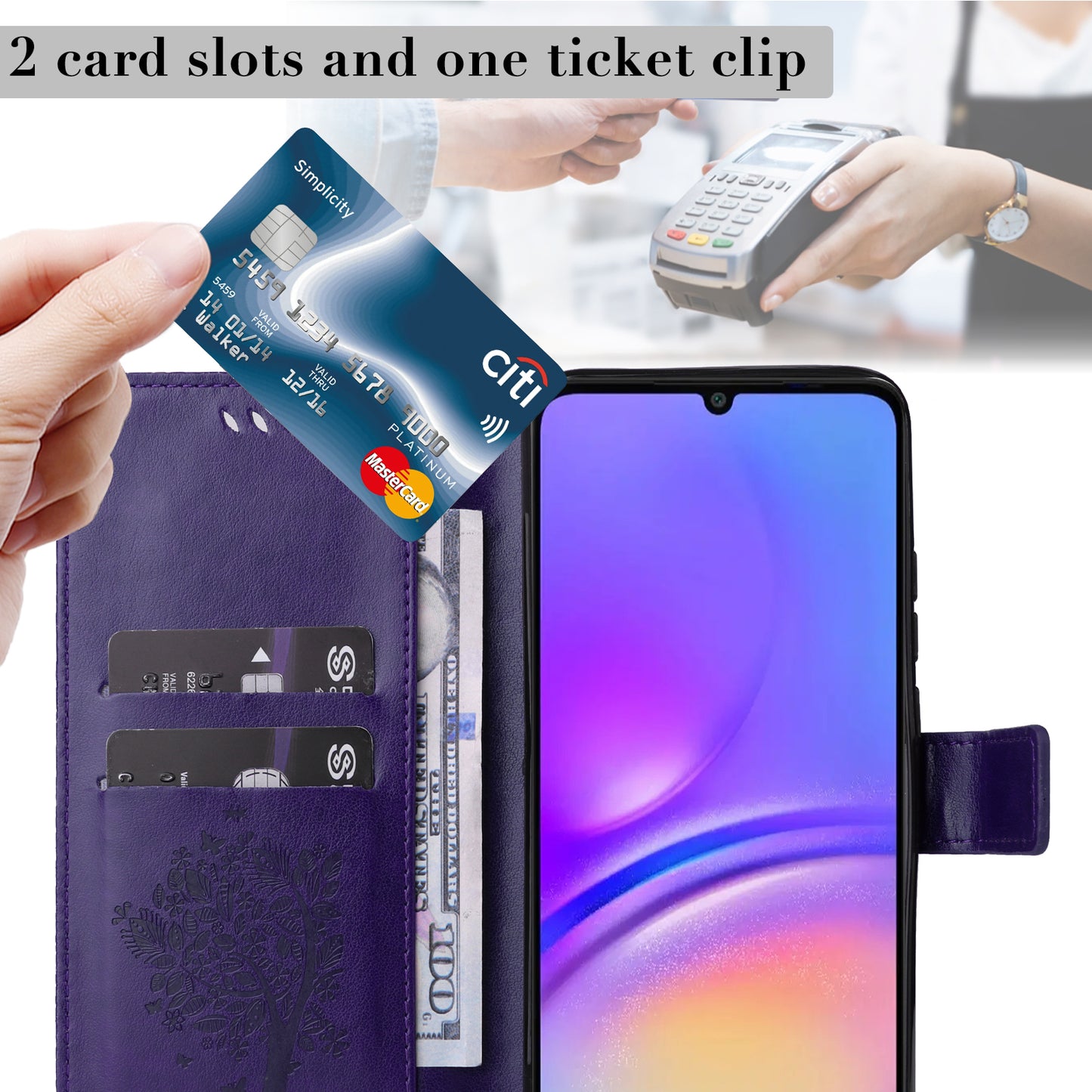 KT Imprinting Flower Series-3 For Samsung Galaxy A06 Case Cat Tree Pattern Flip Leather Phone Cover - Purple
