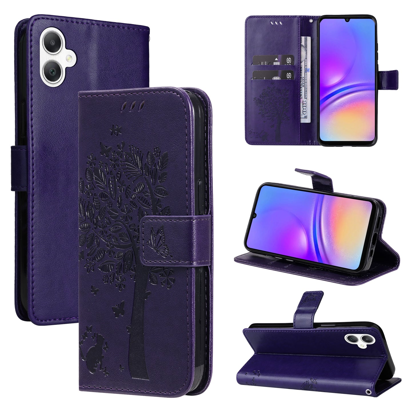 KT Imprinting Flower Series-3 For Samsung Galaxy A06 Case Cat Tree Pattern Flip Leather Phone Cover - Purple