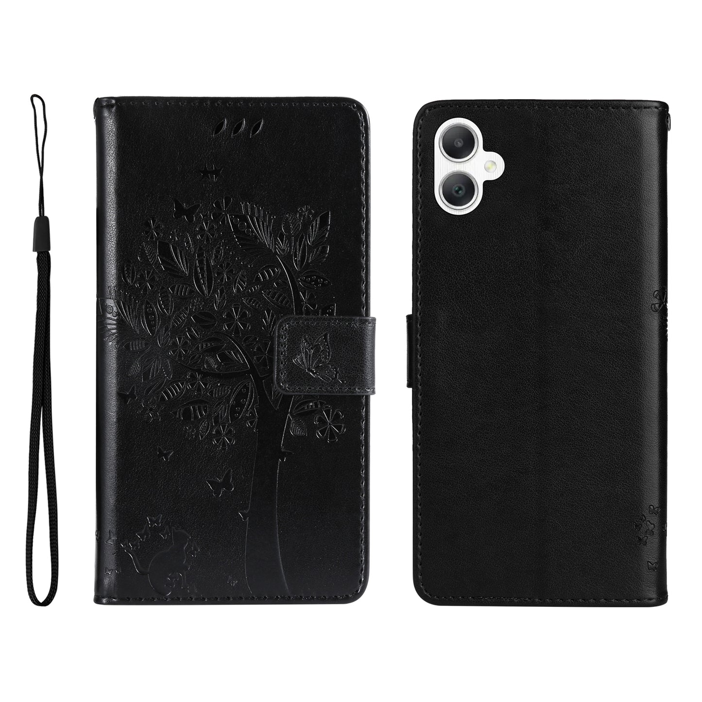 KT Imprinting Flower Series-3 For Samsung Galaxy A06 Case Cat Tree Pattern Flip Leather Phone Cover - Black