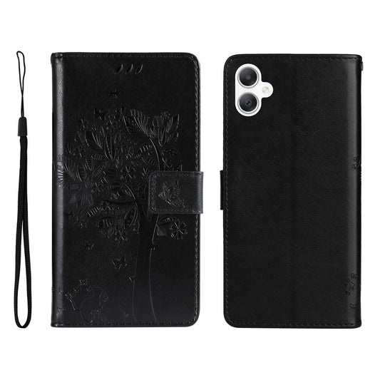 KT Imprinting Flower Series-3 For Samsung Galaxy A06 Case Cat Tree Pattern Flip Leather Phone Cover - Black