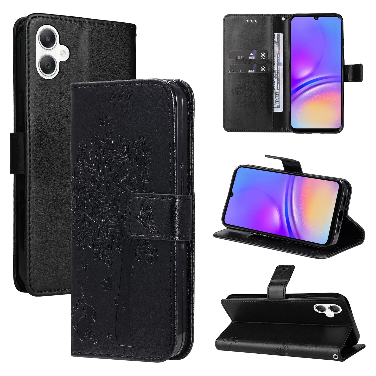 KT Imprinting Flower Series-3 For Samsung Galaxy A06 Case Cat Tree Pattern Flip Leather Phone Cover - Black